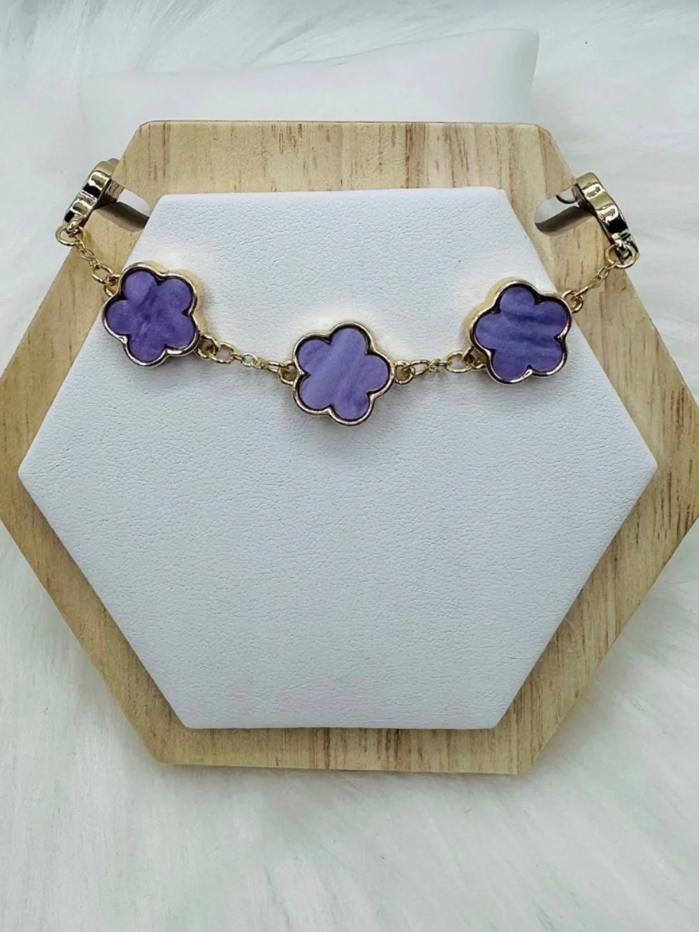 Purple Clover Charm Bracelet Gold Tone Adjustable Floral Link Bracelet
